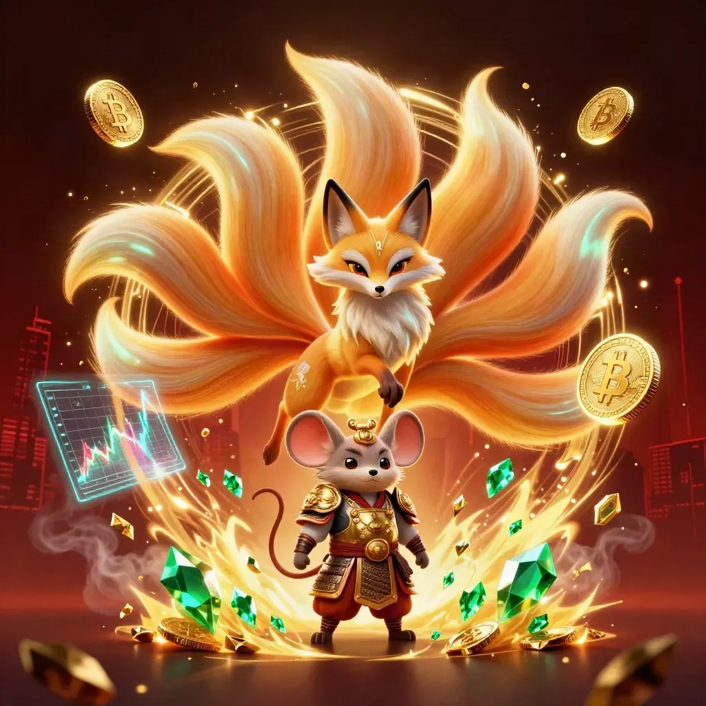 Neon nine-tailed fox spirit and samurai mouse amid casino coins, gems, lightning, and dark city glow