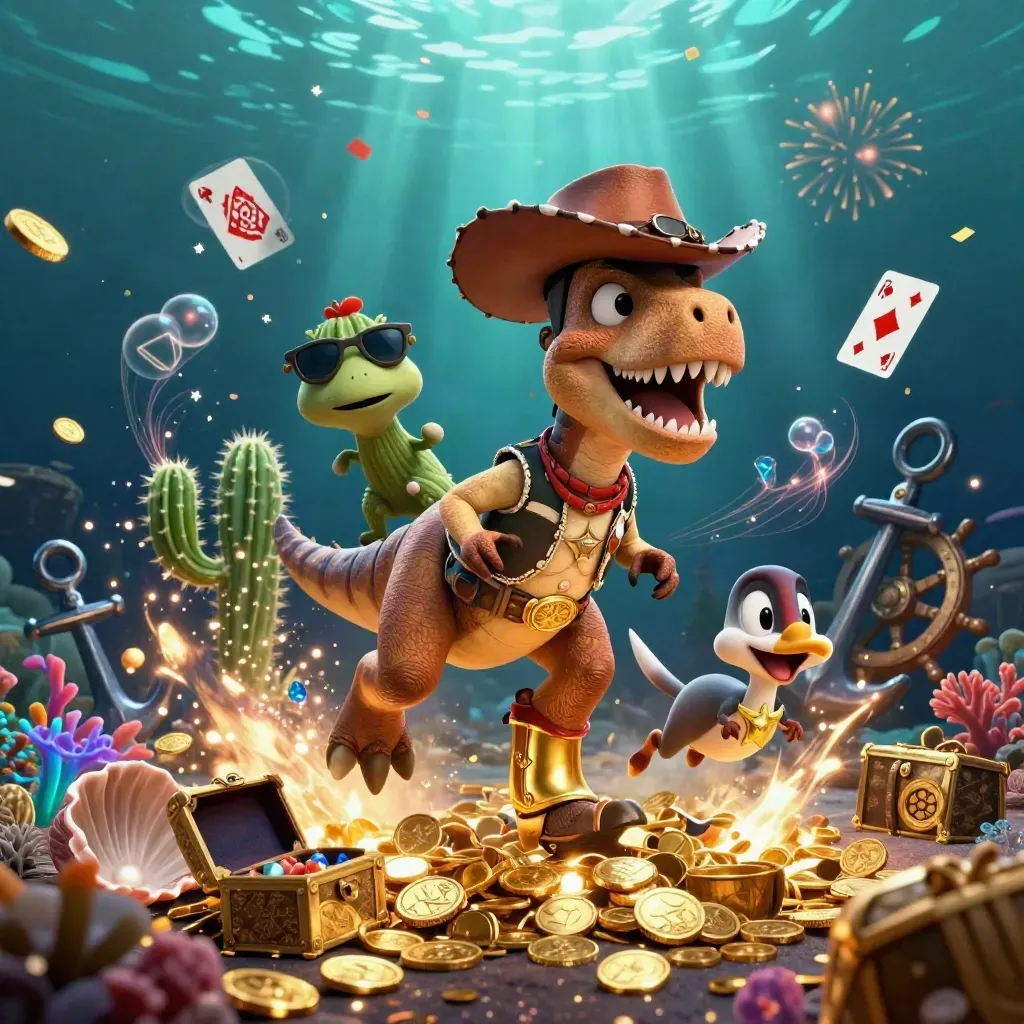 Cowboy T-Rex, cactus sidekick, and sheriff roadrunner in an underwater gold treasure burst.