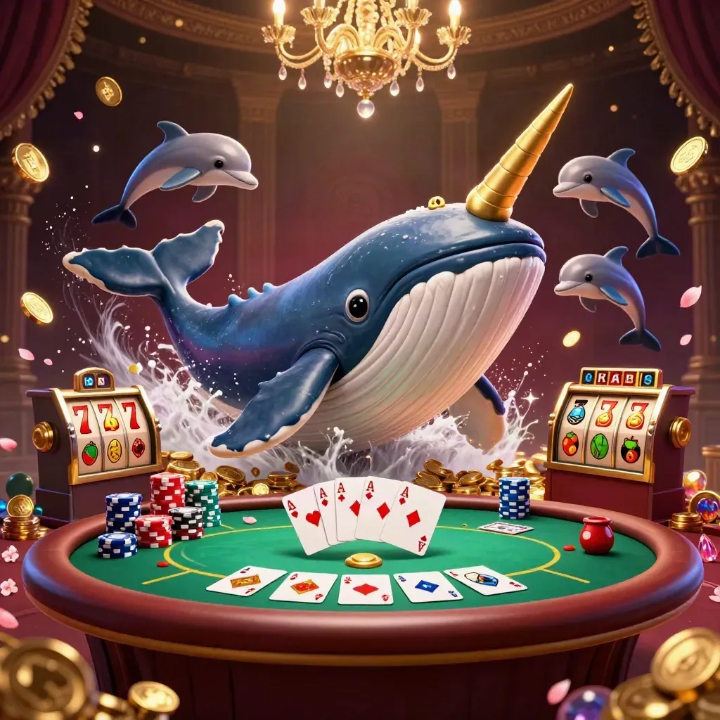 Whale captain, narwhal and dolphins burst through coins with poker chips, aces and casino glow.
