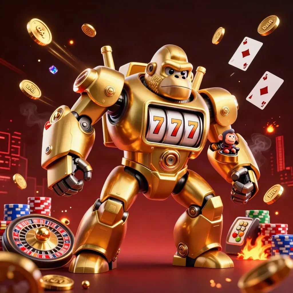 Golden gorilla mech with monkey pilot blasting coins, cards, chips and roulette under neon casino lights.