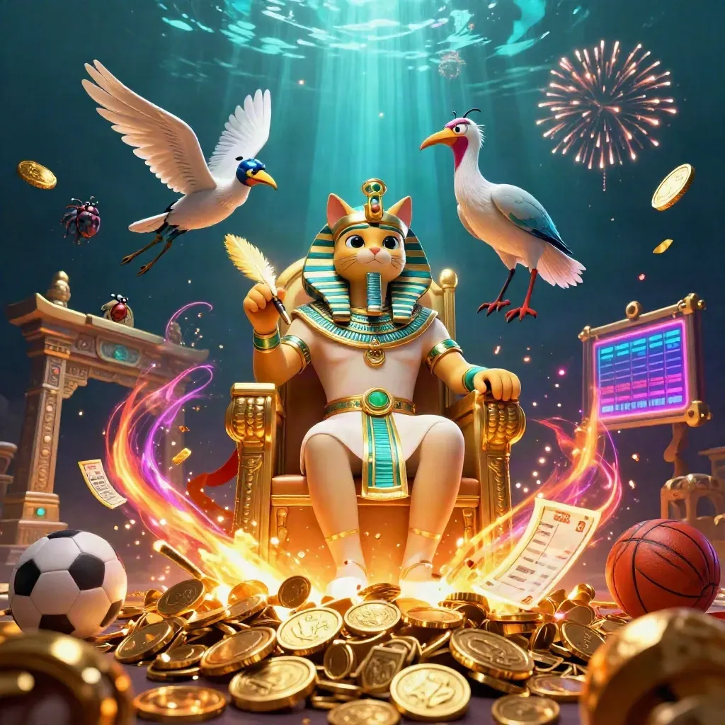 Pharaoh cat, ibis scribe, and gem-wing scarabs burst from treasure amid coins, fireworks, and casino sports props.
