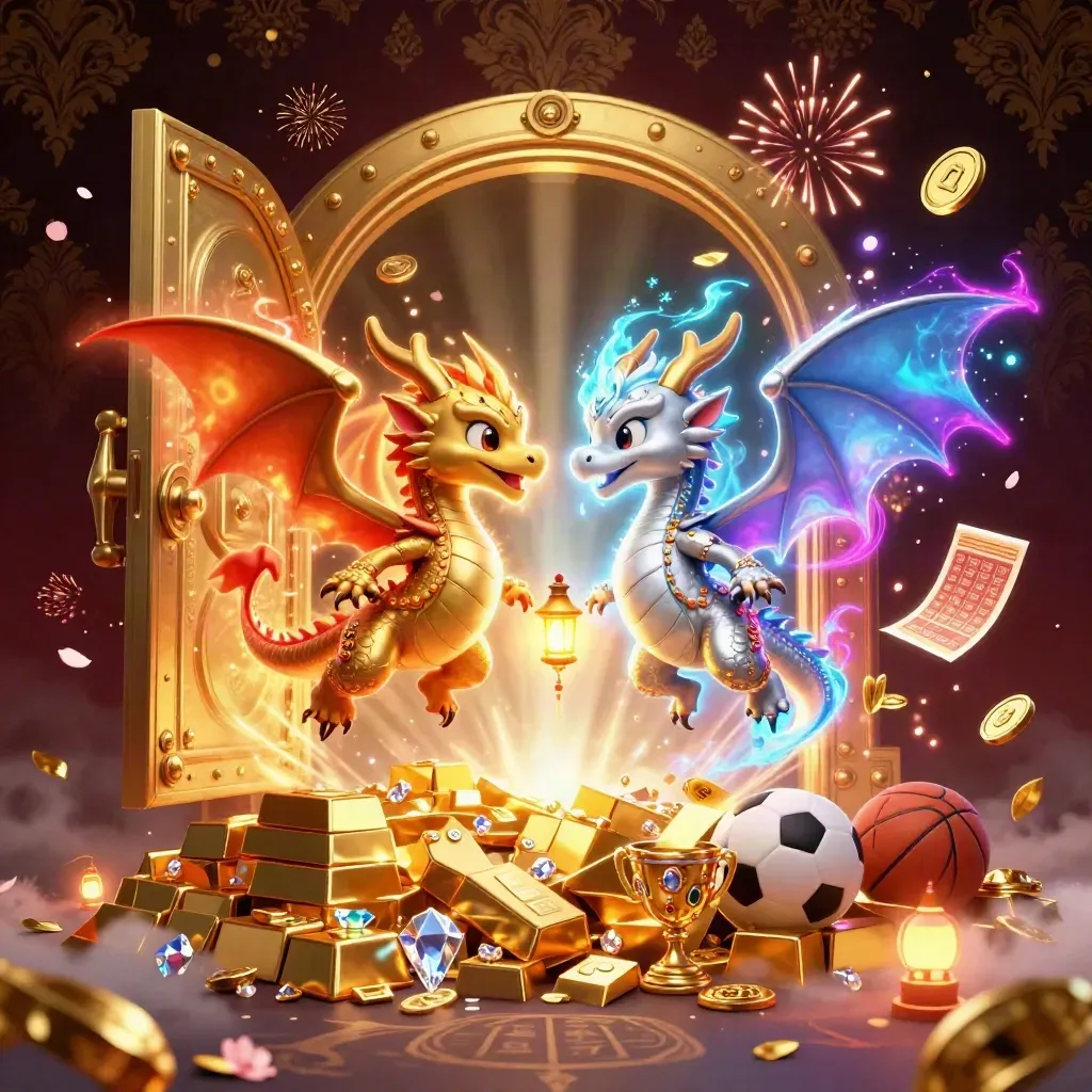 Gold and silver dragons swirl around a bursting vault amid coins, gems, petals and fireworks.