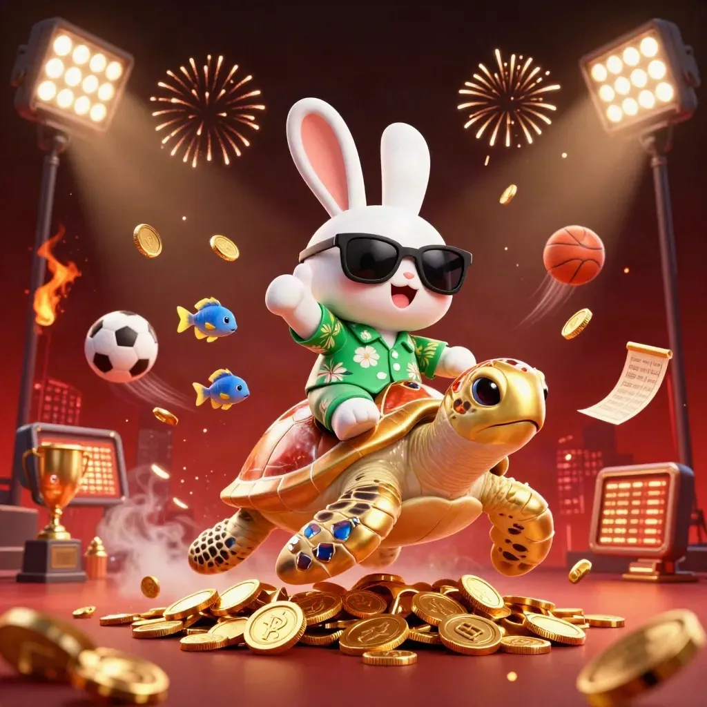 Lucky rabbit on a gold sea turtle amid coins, fireworks, sports balls, and casino glow