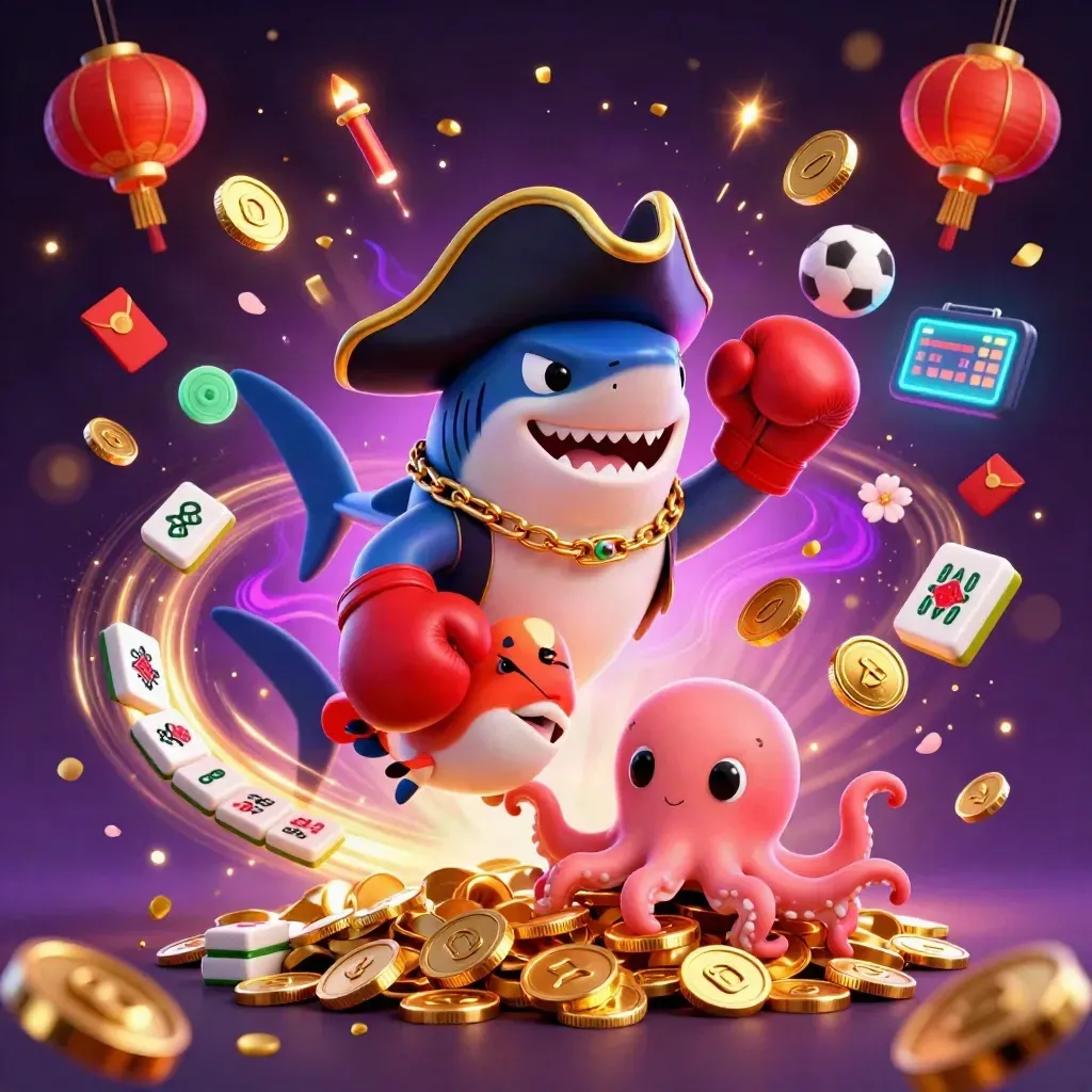 Shark pirate, boxing pufferfish, and coin-juggling octopus amid casino blasts and fireworks.