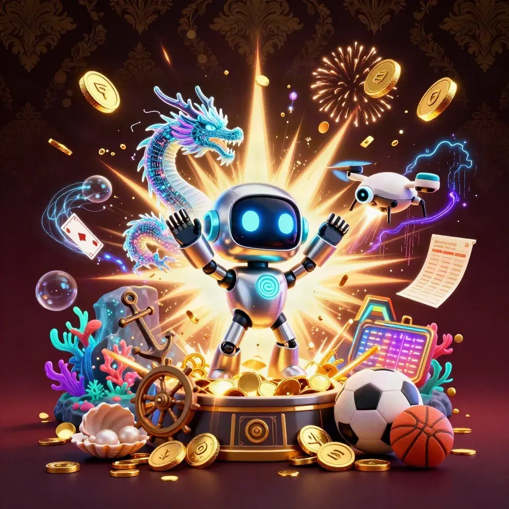 Robot, holographic dragon, and drone amid coin blasts, coral, cards, sports items, and fireworks.