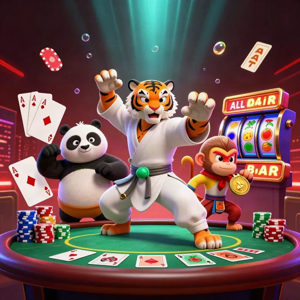 Tiger, panda, and monkey amid casino cards, chips, reels, and neon glow