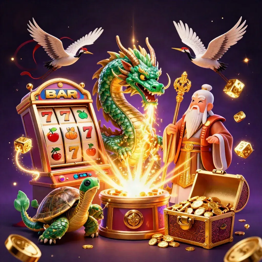 Emerald dragon, turtle sage, and cranes amid a bursting slot machine and gold effects.