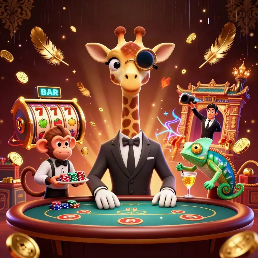High-roller giraffe, monkey valet, and chameleon bartender in a luxe casino key art cluster