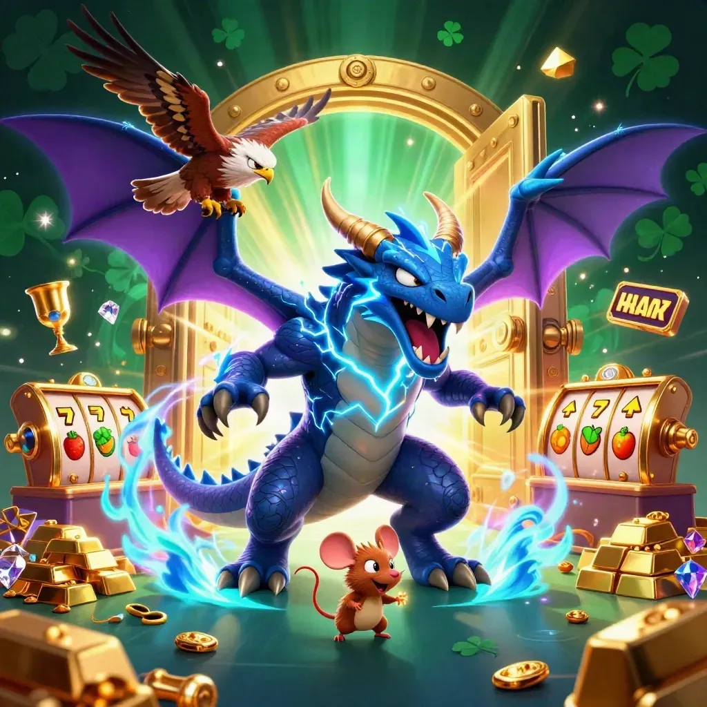 Thunder dragon, hawk and mouse burst from a gold vault amid coins, gems and neon casino lightning.