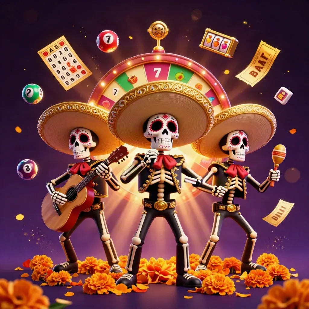 Skeleton mariachi trio amid jackpot props, gold sparks, and a dark purple casino glow.