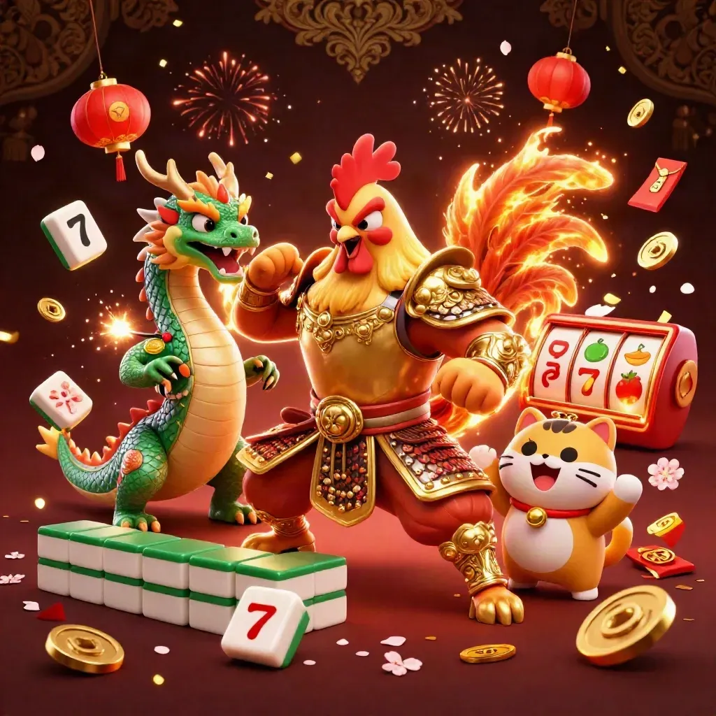 Rooster warrior, spark-breathing dragon hatchling, and lucky cat amid casino treasure bursts.