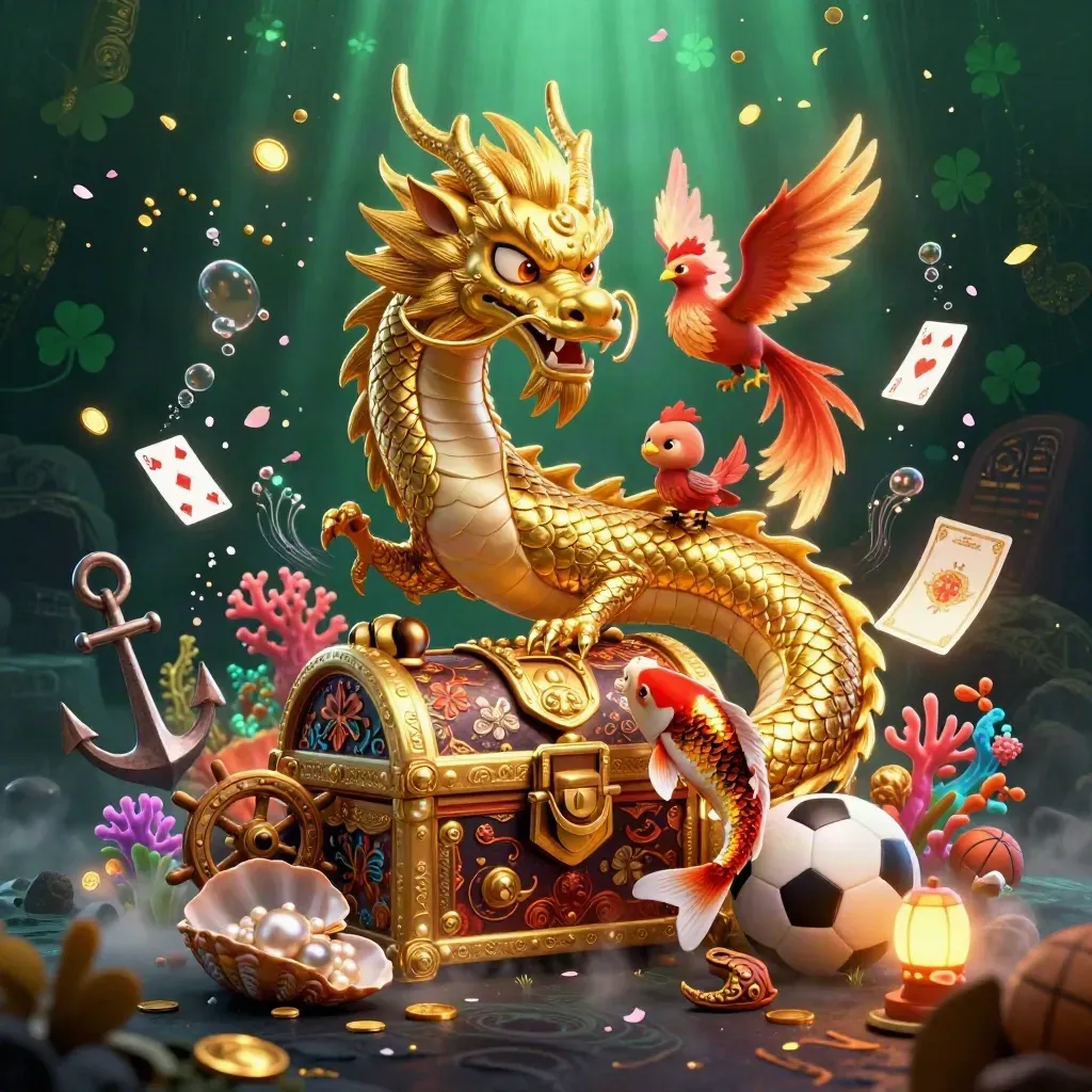 Golden dragon with phoenix and koi in a jeweled casino treasure cove, surrounded by coins and sports props.