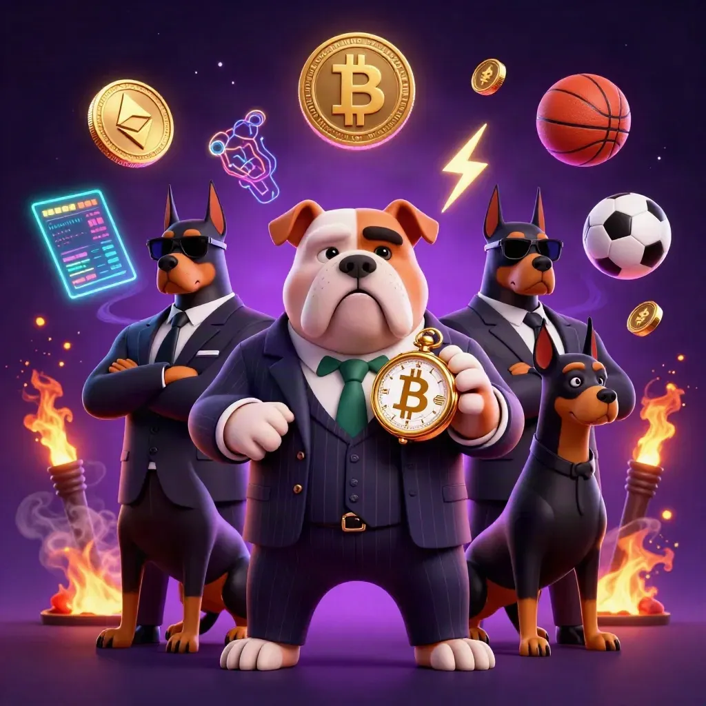 Cartoon mafia bulldog and two Dobermans with coins, sports props, sparks, and neon casino glow.