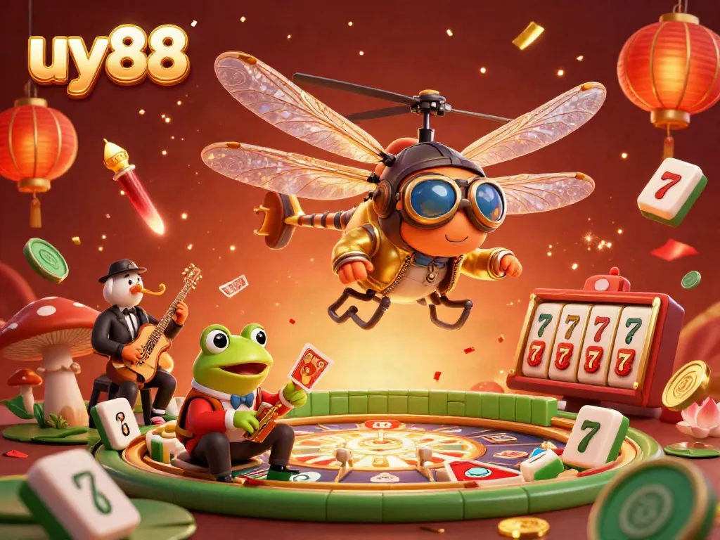 Experience dynamic casino action at uy88 with a 3D scene featuring a dragonfly pilot, frog croupier, and joyful celebrations.