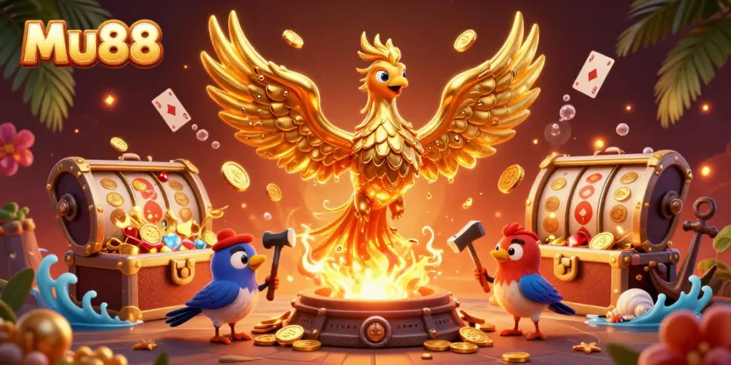 Experience thrilling gaming sessions with Mu88's vibrant casino atmosphere featuring explosive riches and lively characters.