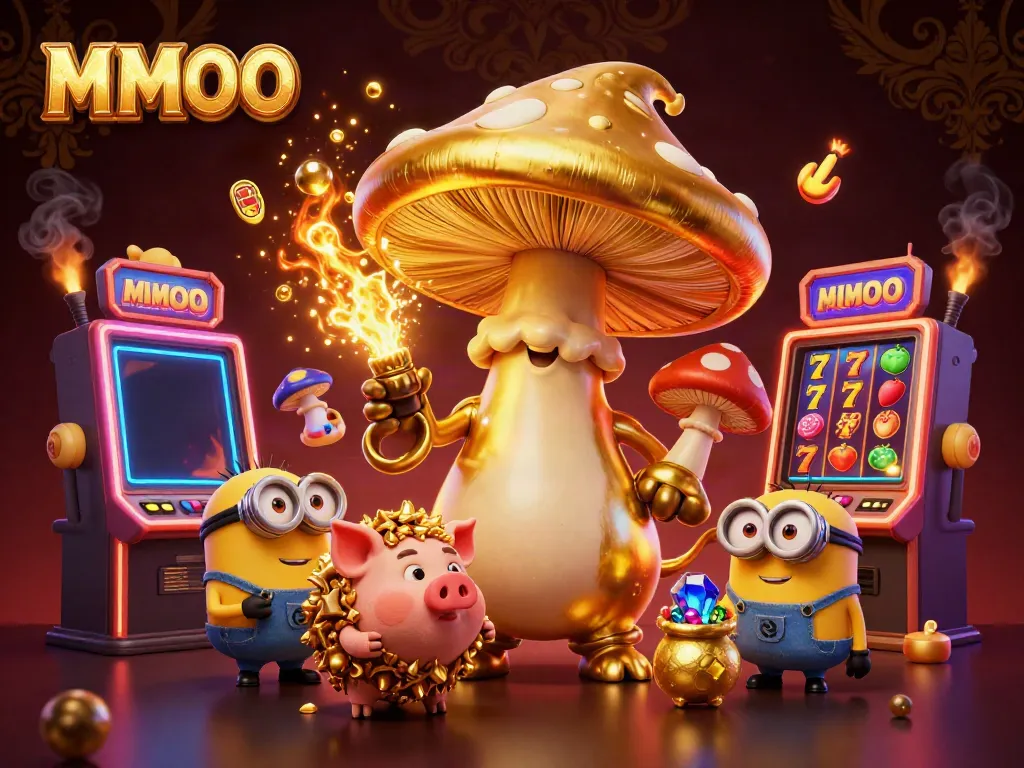 Experience the magic of MMOO with a golden mushroom wizard and treasure-hunting elements in a casino-themed 3D illustration.