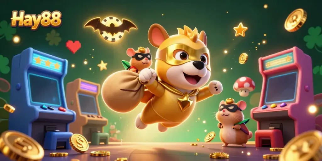 Join the adventure with Hay88 as our superhero dog delivers gold coins amidst a vibrant casino gaming world.