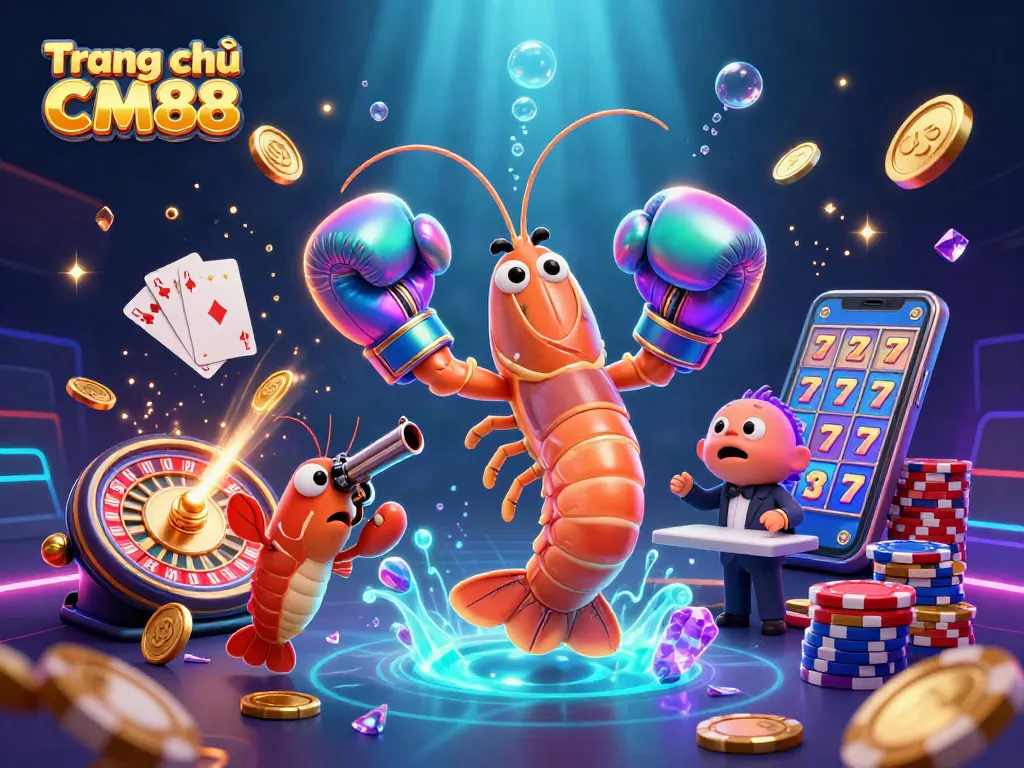 Engage with the excitement of Trang chủ CM88, featuring dynamic casino elements alongside a 3D cartoon mantis shrimp and friends.