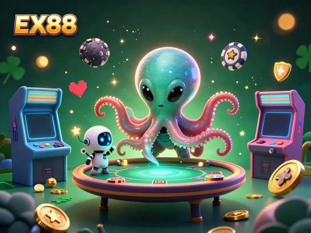 Experience thrilling gameplay at EX88 with an alien octopus dealing poker in an animated casino.
