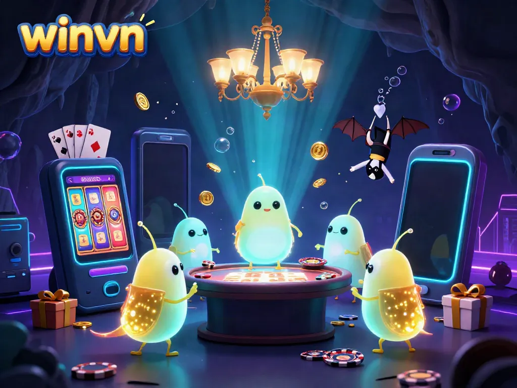 Experience thrilling gaming with winvn's captivating glowworms illuminating a cave casino.