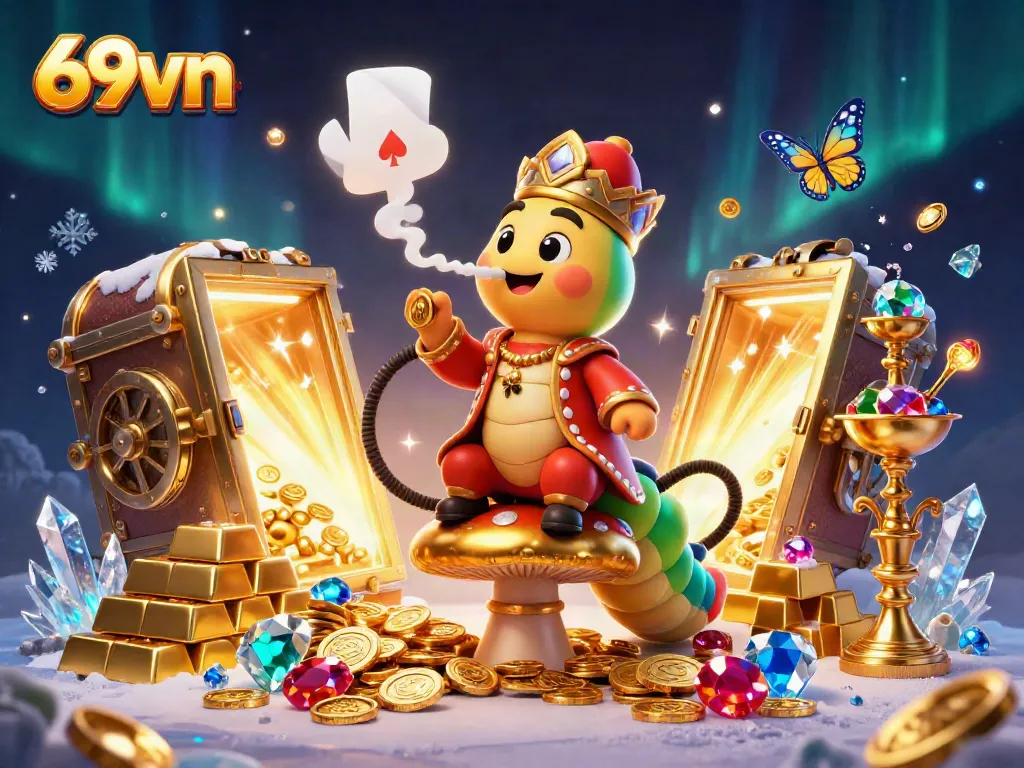 Engage with 69vn's vibrant 3D casino scene featuring a caterpillar hookah-master with poker symbols.