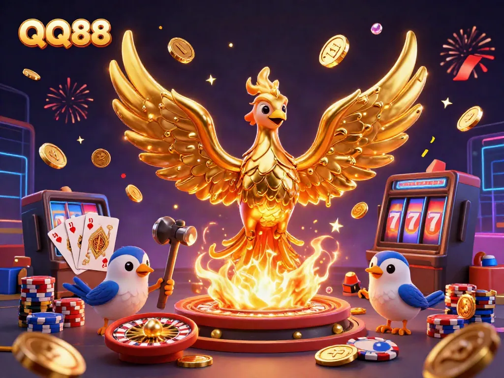 Experience the immersive magic of QQ88 with captivating illustrations of games, winning moments, and rich casino visuals.