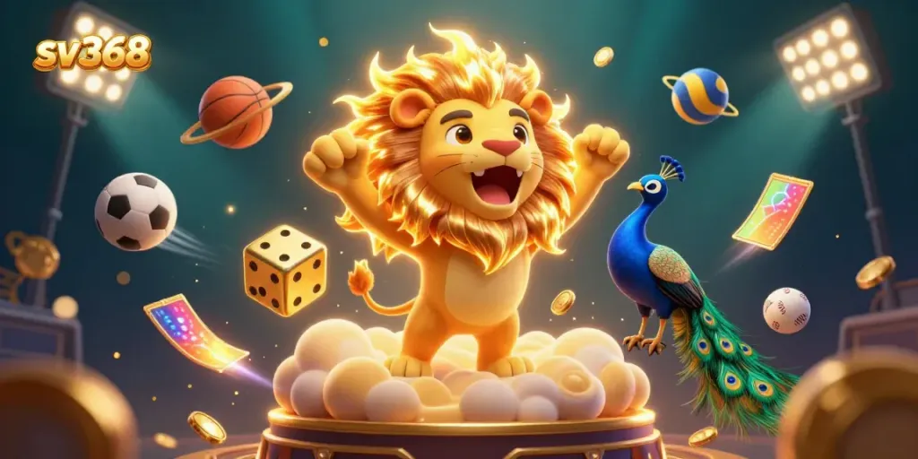 Engage in thrilling gameplay at sv368 with interactive sports elements, golden dice, and a vibrant lion mascot.