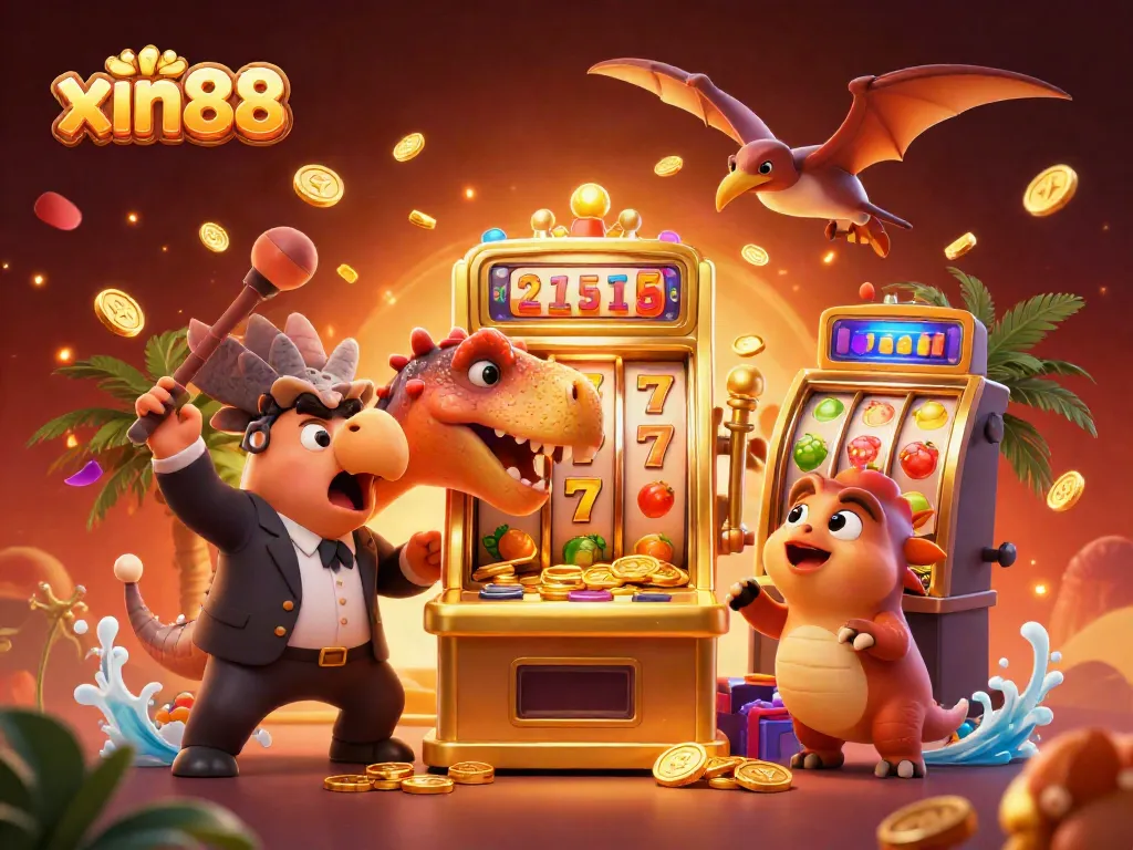 Experience xin88 excitement as a cartoon dinosaur hits the jackpot, surrounded by casino elements.