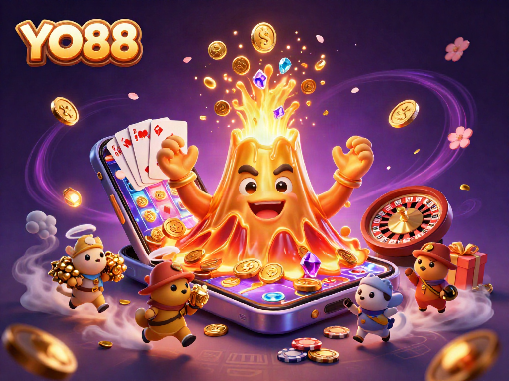 Engage in thrilling gameplay at YO88 with vibrant casino elements and a compelling illustration.