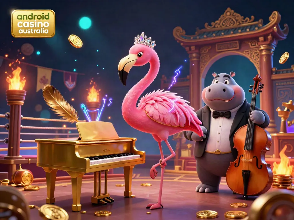 Engage with the colorful 3D casino scene of our android casino australia, featuring a flamingo singer and hippo bassist.
