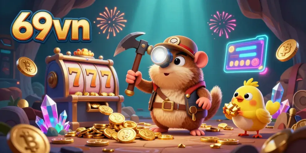 Engage in thrilling slot gaming with 69vn’s colorful illustration showcasing gold coins, neon cryptos, and lively characters.