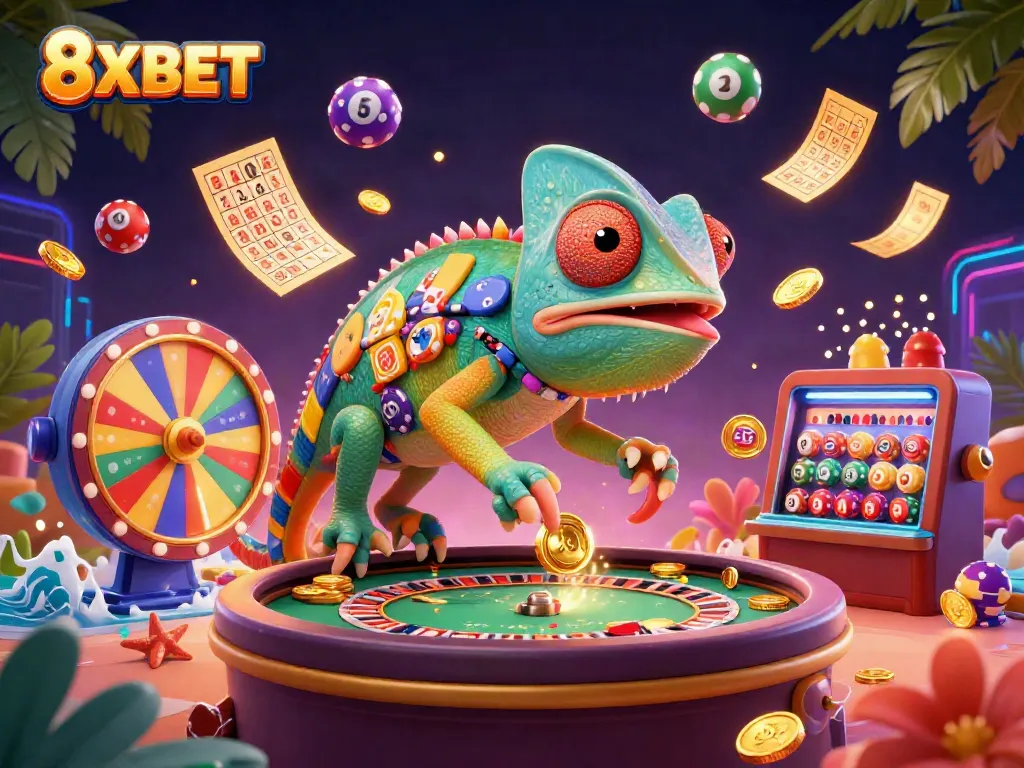8XBET chameleon casino owner captures golden coins amidst vibrant game elements in a dynamic gambling scene.