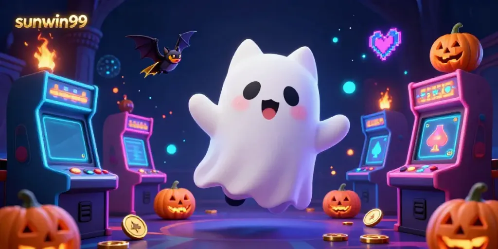 Experience thrilling gameplay at sunwin99 with a fun ghost cat in a vibrant haunted casino.