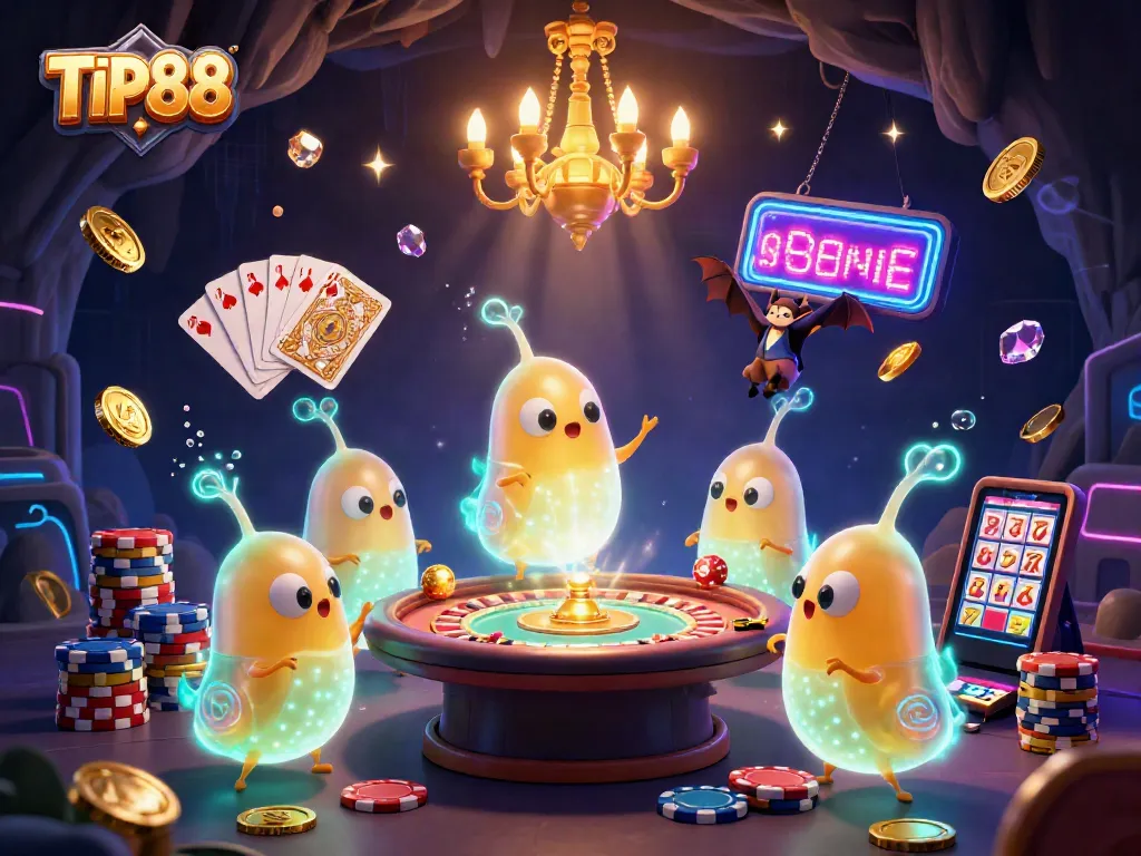 Experience TIP88 with a vibrant and dynamic casino scene featuring cartoon glowworms lighting the way and showcasing thrilling games.
