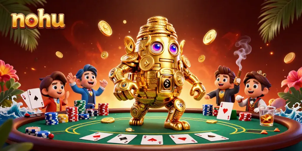Nohu casino illustration showcasing a golden golem and poker elements for an engaging gambling scene.