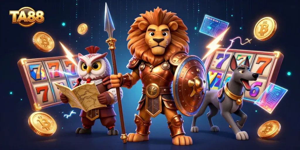 Experience thrilling wins at TA88 with a powerful lion and tactical owl amidst spinning slots and crypto coins.
