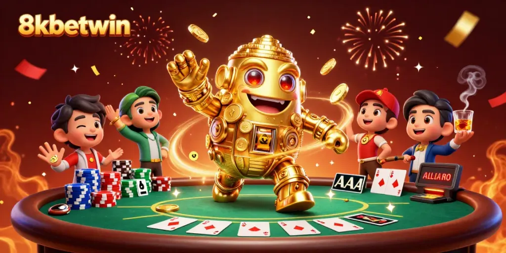 Experience thrilling gameplay with 8xbetwin's vibrant 3D illustration showcasing a magical golden golem at a poker table.