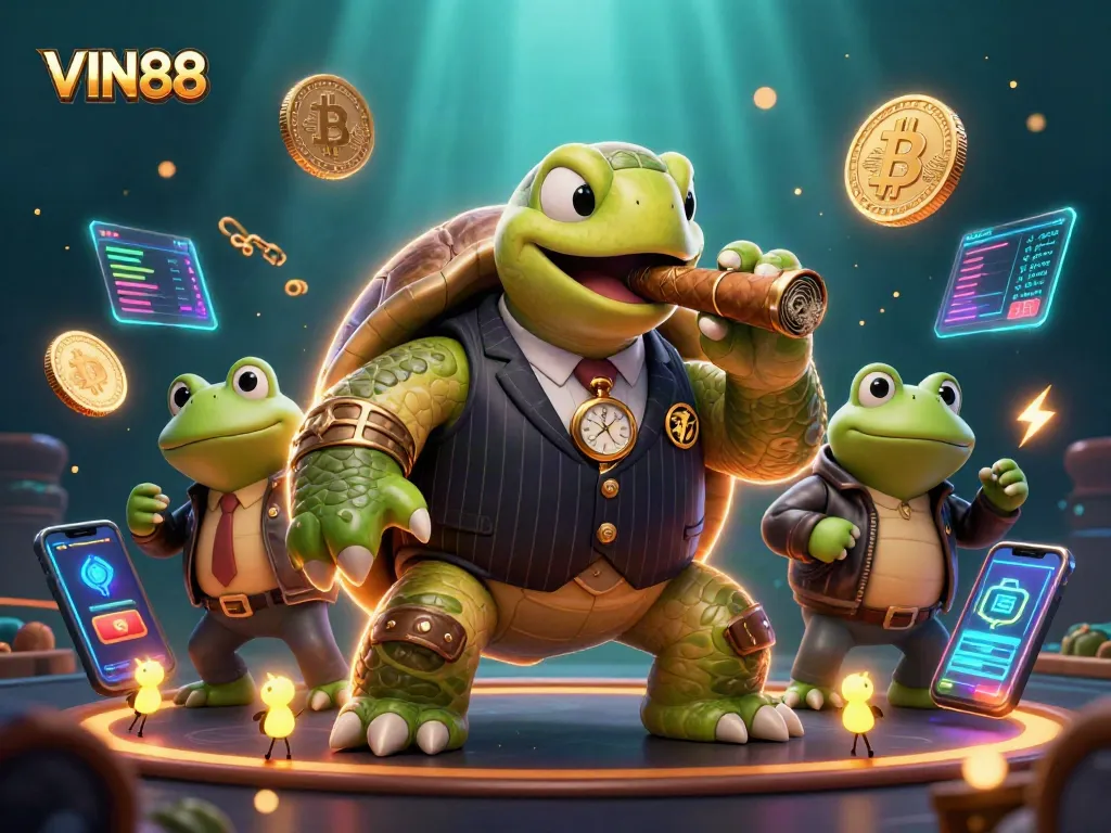 Experience the excitement of VIN88 with a dynamic casino scene featuring unique characters and neon crypto elements.