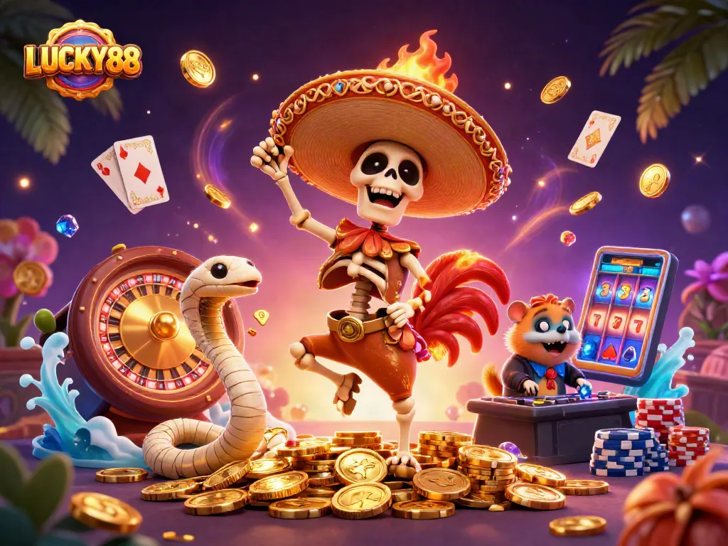 LUCKY88 features a festive cartoon scene with vibrant characters celebrating around casino games.