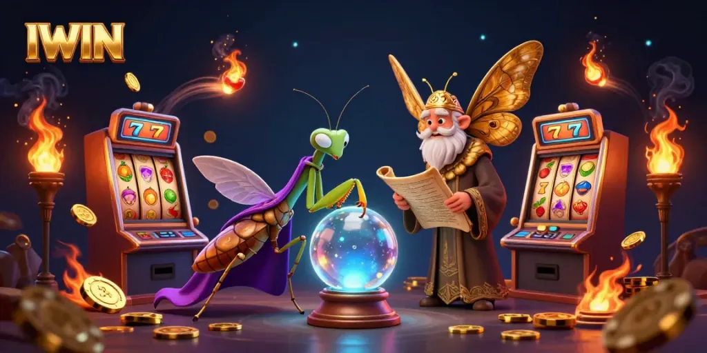 IWIN enhances your casino experience with a mystical scene featuring fortune tellers and slot machines.