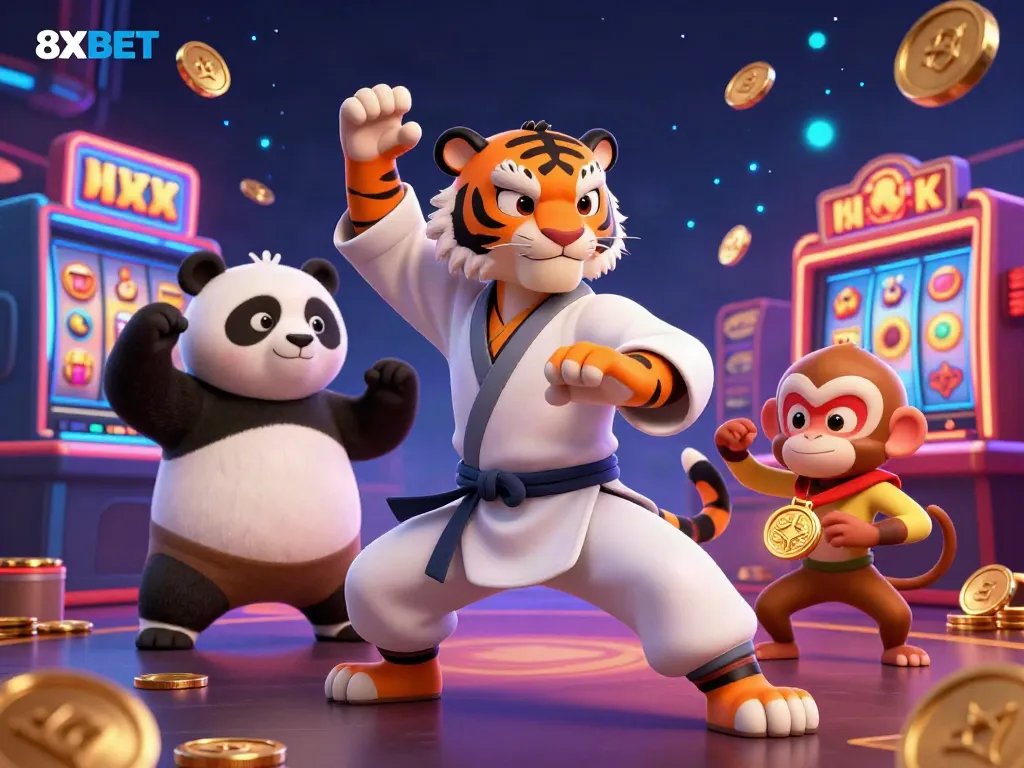 Experience 8XBET excitement with a vibrant 3D scene showcasing a kung fu tiger in a casino.