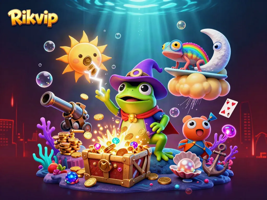 Experience the excitement of Rikvip with a storm of golden coins and dynamic casino elements in a vibrant scene.