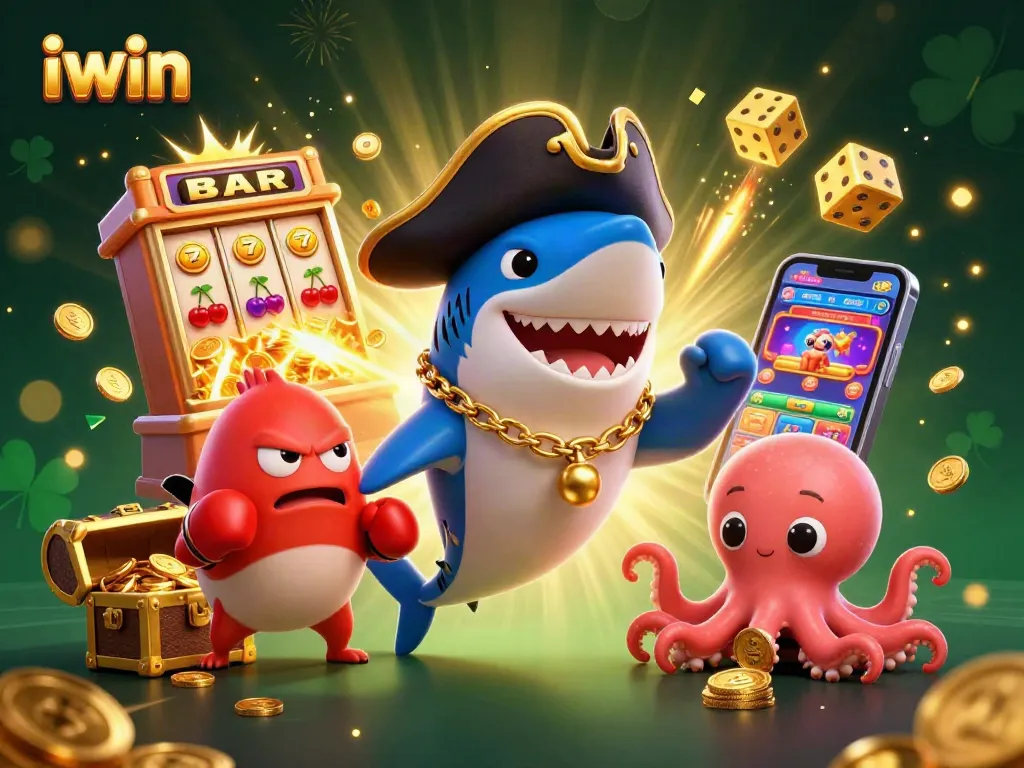 Spin and win at iwin with a vibrant 3D illustration of cartoon casino characters enjoying their game.
