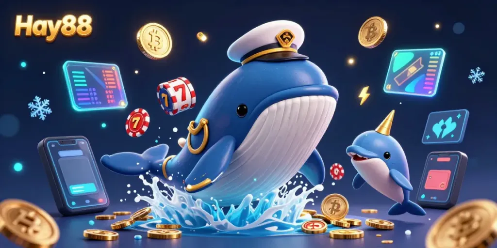 Experience the thrilling sea of coins in Hay88's vibrant gambling world with a playful whale, narwhal, and dolphins.