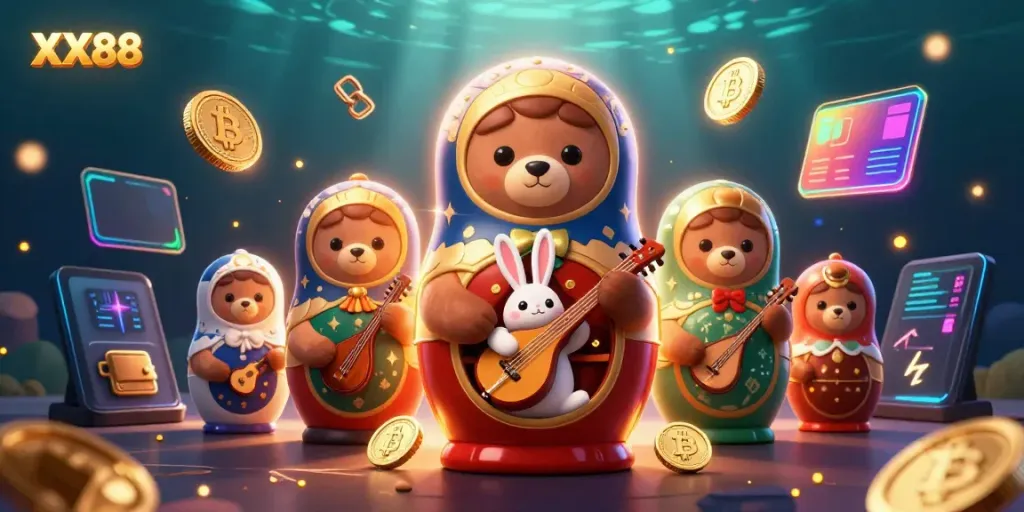 Experience the vibrant XX88 casino world with 3D cartoon bears and crypto elements.