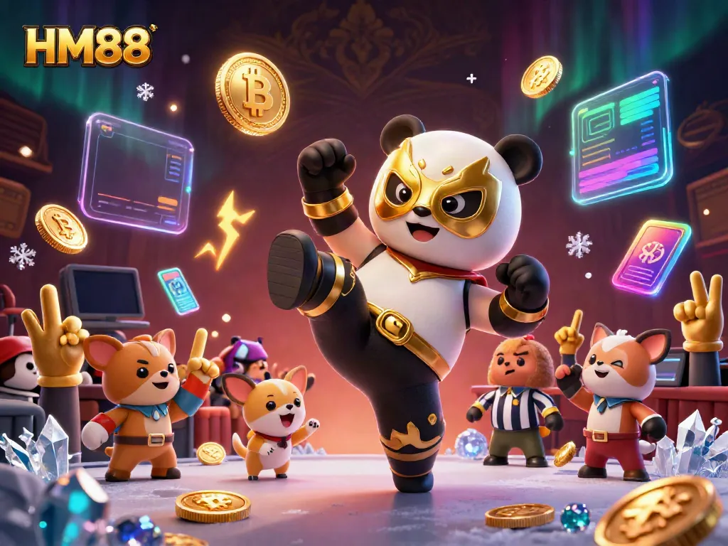 Engaging illustration showing HM88 casino gaming with a wrestler panda, crypto elements, and a lively audience.