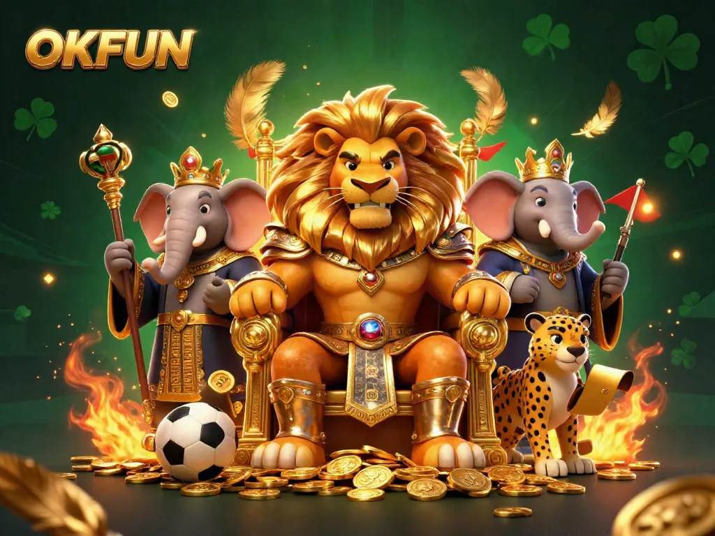 Experience the excitement of OKFUN at a vibrant casino surrounded by golden coins and festive banners.