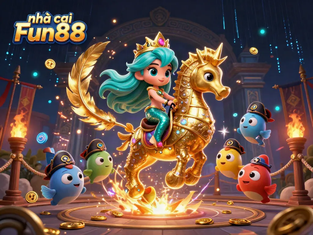 Join the fun at nhà cái Fun88 with this vibrant 3D casino illustration showcasing a mermaid and her diving companions.