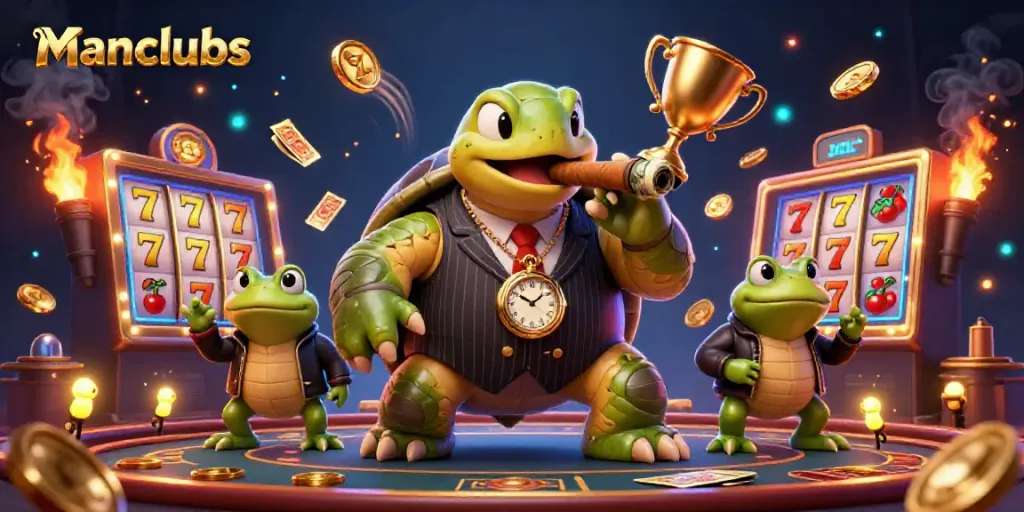 Experience the thrill of manclubs with a dynamic casino scene featuring a mobster turtle and bullfrog enforcers.