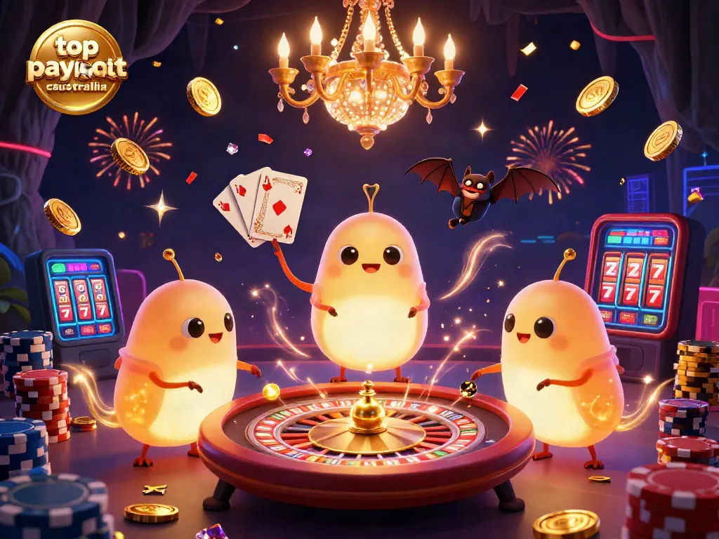 Experience the magic at top payout casinos Australia with vibrant glowworms lighting up a cave casino filled with gold coins.